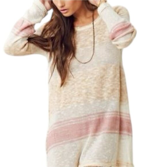 Free People Striped Distressed Knit High Low Hem Mini Sweater Tunic Cream Small - Picture 1 of 8